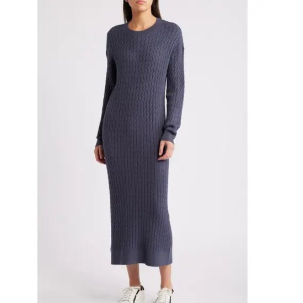 TREASURE & BOND Cable Stitch Long Sleeve Midi Sweater Dress In Navy Armada